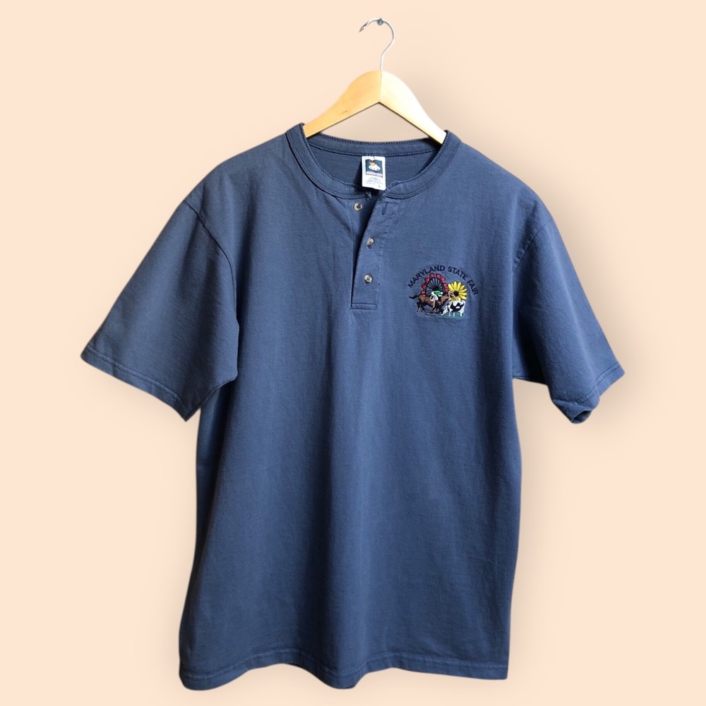 Vintage 90s Maryland State Fair Embroidered Henley T-shirt Blue Cotton Unisex L